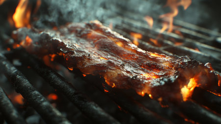 Bacon cooking on a grill, with detailed focus on the charred edges and marbled fat turning crispy under the heat.の素材