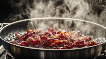 Bacon strips frying in a hot cast iron pan, with grease bubbling and the strips turning crispy, ready for serving.の素材