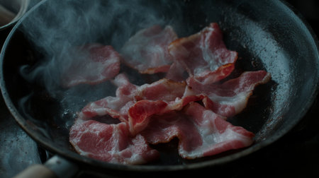 Bacon slices cooking in a pan, with close-up detail of the marbled fat turning crispy and golden brown in the heat.の素材