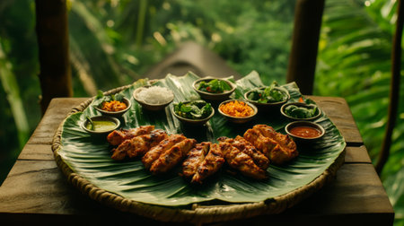 A vibrant presentation of tandoori chicken served with assorted chutneys and side dishes, arranged beautifully on a traditional Indian thali for an appetizing look.の素材