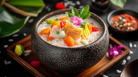 A vibrant shot of rice porridge presented in a traditional bowl, garnished with colorful toppings like crispy fish and vegetables, creating an enticing meal.の素材