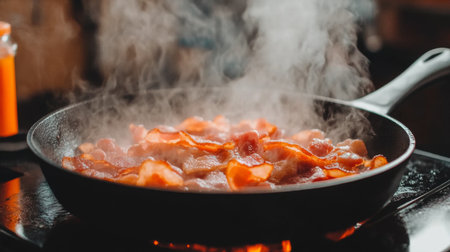 Bacon slices frying in a hot cast iron skillet, with the grease bubbling and the strips curling into crispy perfection.の素材