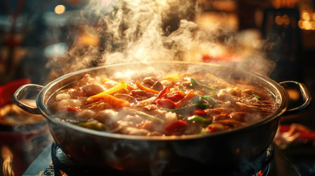 A flavorful hot pot steaming with fresh vegetables, meats, and noodles, served in a cozy restaurant setting.の素材