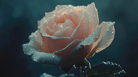 A close-up shot of a rose in full bloom with glistening water droplets on the petals after a light morning rain.の素材