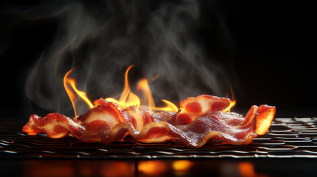 Golden bacon strips cooling on a wire rack, with steam rising from the freshly cooked slices, ready to serve.の素材