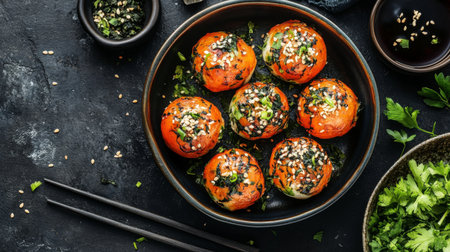 A vibrant presentation of takoyaki in a ceramic dish, garnished with fresh herbs and seaweed flakes, creating an eye-catching and appetizing display.の素材