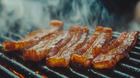 Bacon strips sizzling on a flat top grill, with detailed focus on the grease bubbling and the edges turning crispy and golden.の素材