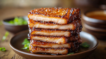 Golden-brown pork belly slices stacked neatly on a plate, with the crispy skin glistening and crackling, set on a wooden table with a side of dipping sauce.の素材
