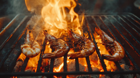 Close-up shot of large grilled prawns with crispy shells on a traditional Thai charcoal grill, glowing embers visible underneath.の素材