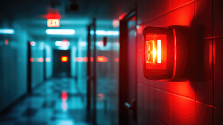 A fire alarm light flashing in a dimly lit hallway with emergency exit signs glowing in the background.の素材