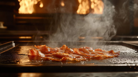Bacon strips sizzling on a flat top grill, with detailed focus on the grease bubbling and the edges turning crispy and golden.の素材