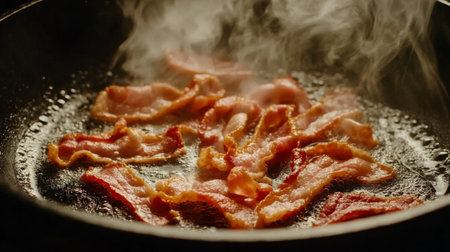 Bacon slices frying in a hot cast iron skillet, with the grease bubbling and the strips curling into crispy perfection.の素材