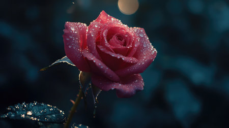 A close-up shot of a rose in full bloom with glistening water droplets on the petals after a light morning rain.の素材