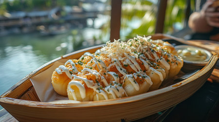 A vibrant presentation of takoyaki drizzled with spicy mayonnaise and bonito flakes, served in a bamboo boat, emphasizing its delicious flavors and appealing aesthetics.の素材