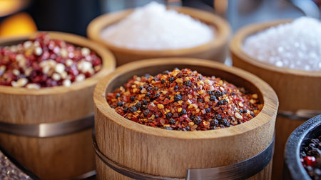 A close-up of freshly ground black pepper, red chili flakes, and salt in small wooden containers, ready to be used in cooking.の素材
