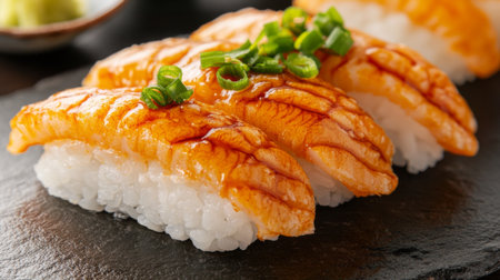 Uni nigiri, featuring bright orange sea urchin on top of perfectly shaped sushi rice, placed on a dark stone plate with delicate garnish of green onions.の素材