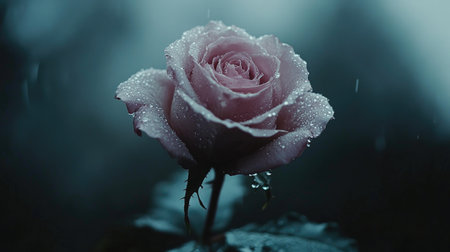 A close-up shot of a rose in full bloom with glistening water droplets on the petals after a light morning rain.の素材
