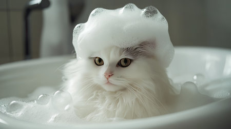 A fluffy white cat with foam and soap bubbles on its head, looking relaxed during a bath.の素材