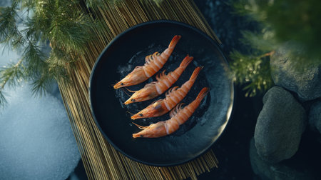 Grilled prawns in an elegant, minimalistic setting, served on a black ceramic plate with artistic garnish, surrounded by natural bamboo mats.の素材