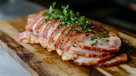 Crispy bacon slices piled high on a wooden cutting board, with fat glistening and herbs for garnish, ready to serve.の素材