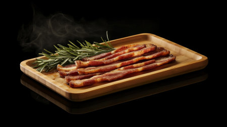 Bacon strips arranged on a wooden board, freshly cooked and still steaming, with a side of rosemary sprigs for garnish.の素材