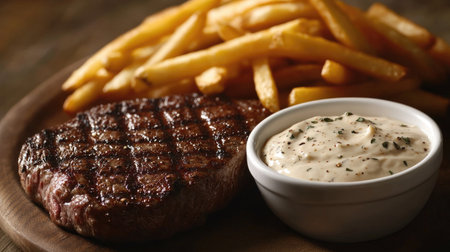A delicious steak served with golden fries and a bowl of creamy dipping sauce, set on a dining table.の素材
