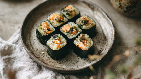 Onigiri rice balls filled with salmon, wrapped in seaweed, and arranged on a traditional Japanese ceramic plate with a rustic, earthy background.の素材