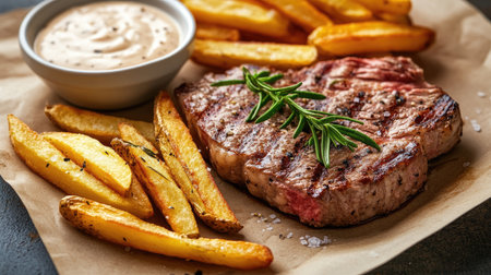 A delicious steak served with golden fries and a bowl of creamy dipping sauce, set on a dining table.の素材