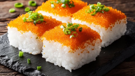 Uni nigiri, featuring bright orange sea urchin on top of perfectly shaped sushi rice, placed on a dark stone plate with delicate garnish of green onions.の素材