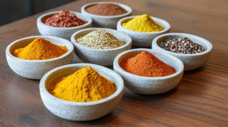 A collection of colorful spices like turmeric, cumin, and coriander neatly arranged on a wooden table, with small bowls for each.の素材