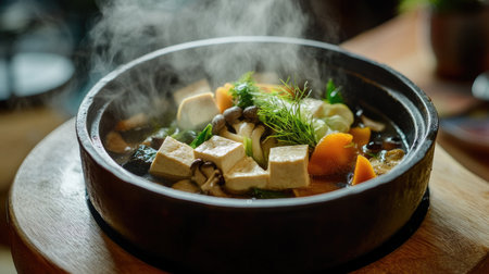 A deliciously steaming hot pot on a wooden table with a variety of fresh ingredients like tofu, mushrooms, and herbs.の素材