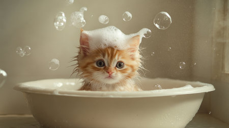 A kitten being bathed gently, with soap bubbles on its head, in a small white sink.の素材
