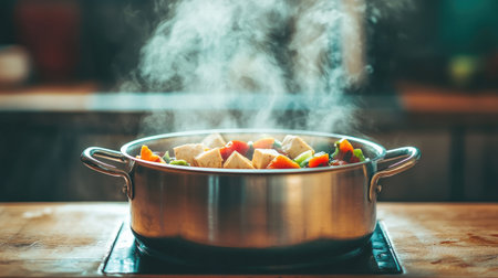A hot pot filled with delicious broth, tofu, and fresh vegetables, with steam rising from the pot on a wooden table.の素材