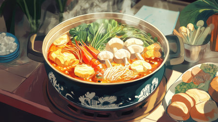 A hot pot with colorful ingredients like shrimp, mushrooms, and leafy greens, bubbling in a rich broth at a family dinner.の素材
