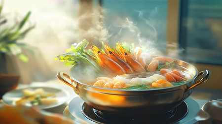 A hot pot set with boiling broth, fresh seafood, and vibrant vegetables in a beautifully arranged dining setting.の素材