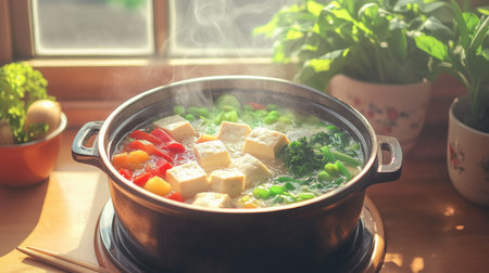 A hot pot filled with delicious broth, tofu, and fresh vegetables, with steam rising from the pot on a wooden table.の素材