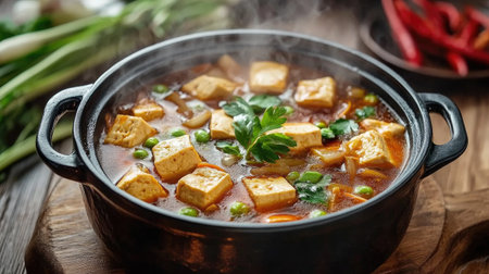 A hot pot filled with delicious broth, tofu, and fresh vegetables, with steam rising from the pot on a wooden table.の素材