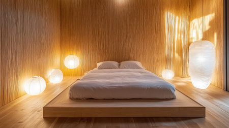 A minimalist Japanese bedroom with bamboo accents, a low-profile bed, and paper lanterns for soft lighting.の素材