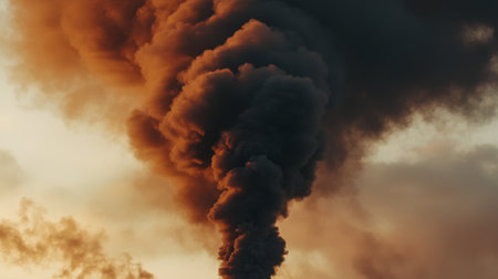 A dramatic image of a dark smoke plume rising against an orange dusk sky, illustrating the impact of pollution and environmental concerns in our atmosphere.の素材