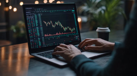 An individual is focused on analyzing stock market data on a laptop at night, surrounded by soft lighting and a coffee cup, showcasing a modern workspace.の素材