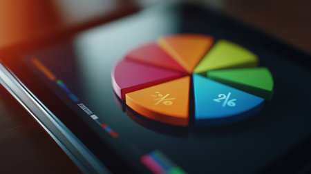 A vibrant pie chart displayed on a tablet screen illustrates business data insights. The colorful segments represent different percentages, emphasizing efficiency and analysis. Perfect for marketing or presentation projects.の素材