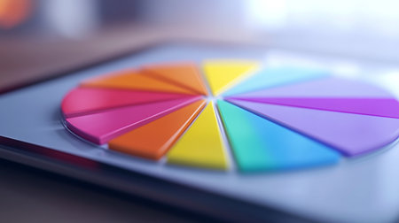 A colorful pie chart displayed on a sleek surface, showcasing vibrant segments perfect for visual analysis and creative presentations in a modern workspace.の素材