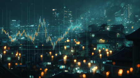 This captivating image showcases a night cityscape illuminated by urban lights, featuring stock market graphs that symbolize economic trends and analysis.の素材