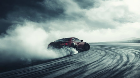 A striking image of a car drifting on a wet track, shrouded in smoke and a moody, cloudy sky, capturing the essence of speed and excitement in motorsport.の素材