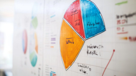 Brightly colored charts and graphs displayed on a whiteboard in a contemporary office. The visuals represent strategic planning, data analysis, and teamwork for effective decision-making.の素材
