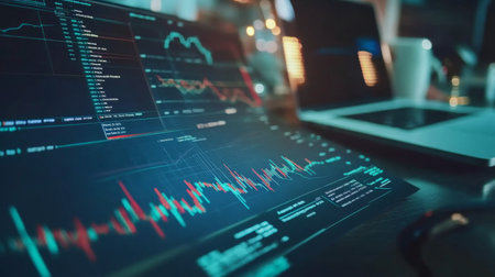 Close-up view of data visualization displayed on a computer screen within a modern workspace. The scene highlights graphs and statistics representing financial trends and analysis.の素材
