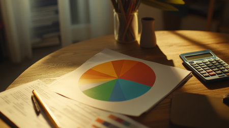 A bright and inviting workspace featuring a colorful financial chart, calculator, and stationery on a wooden table bathed in soft sunlight, perfect for business analysis.の素材