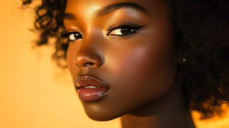 A captivating close-up portrait showcasing a young woman with radiant skin and beautifully styled curly hair. The warm background enhances her serene expression.の素材