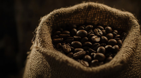 Discover the rich essence of freshly roasted coffee beans nestled in a rustic burlap sack, offering a warm and inviting atmosphere perfect for any coffee lover.の素材