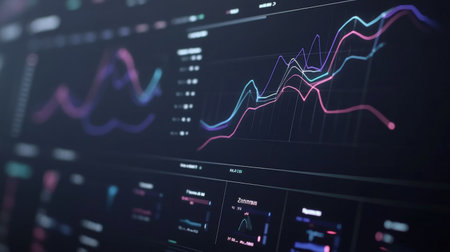 Close-up view of modern data visualization featuring colorful graphs on a dark background. Ideal for concepts related to analytics and business insights.の素材